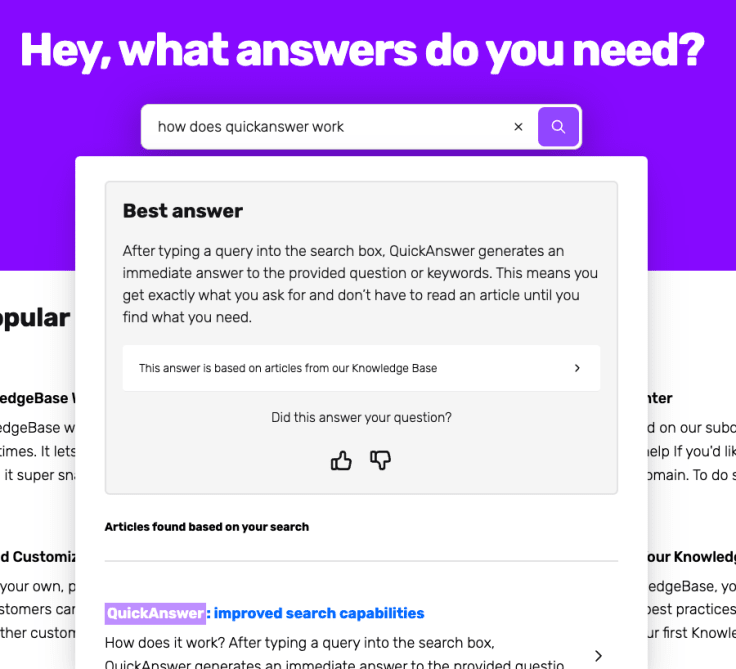 a screenshot from a help center showing how an ai knowledge base feature, quickanswer, works